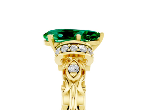 Yellow gold Pear Cut Emerald Solitaire Ring with Filigree Band and Four-Prong Setting_29