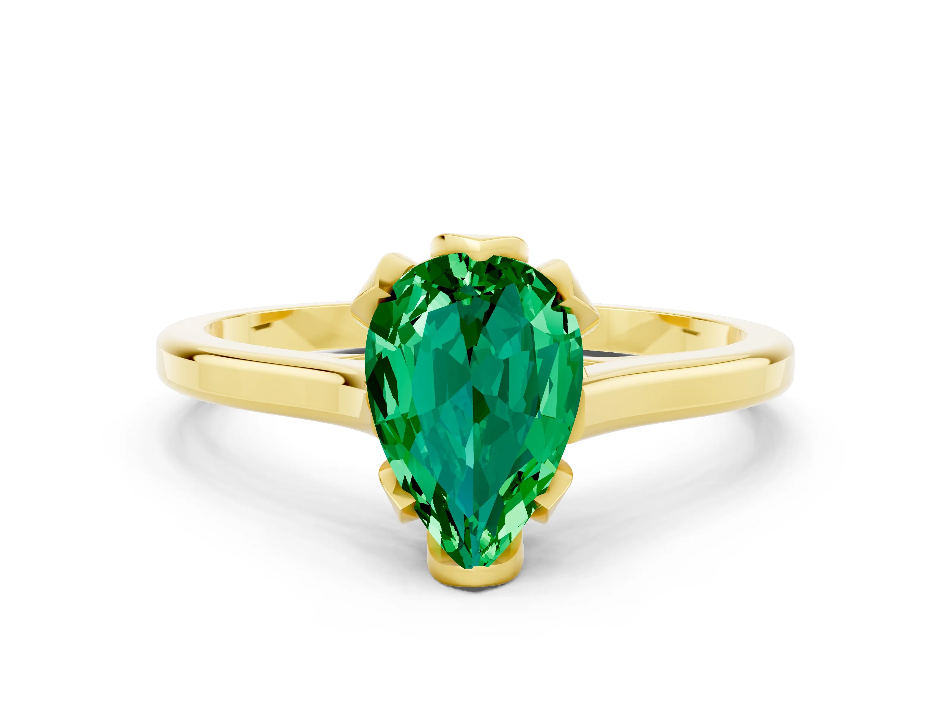 Yellow gold Pear Cut Emerald Solitaire Ring with Flower Prong Setting and Classic Band_12