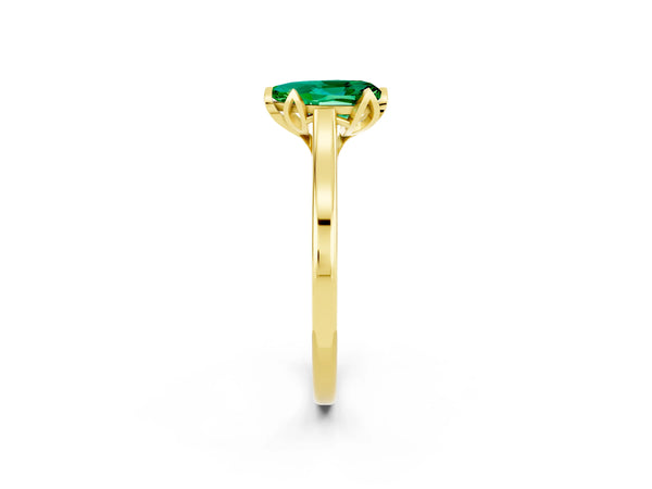 Yellow gold Pear Cut Emerald Solitaire Ring with Flower Prong Setting and Classic Band