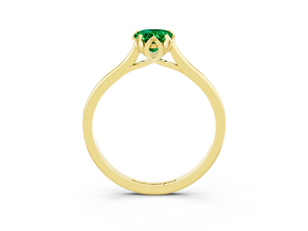 Yellow gold Pear Cut Emerald Solitaire Ring with Flower Prong Setting and Classic Band