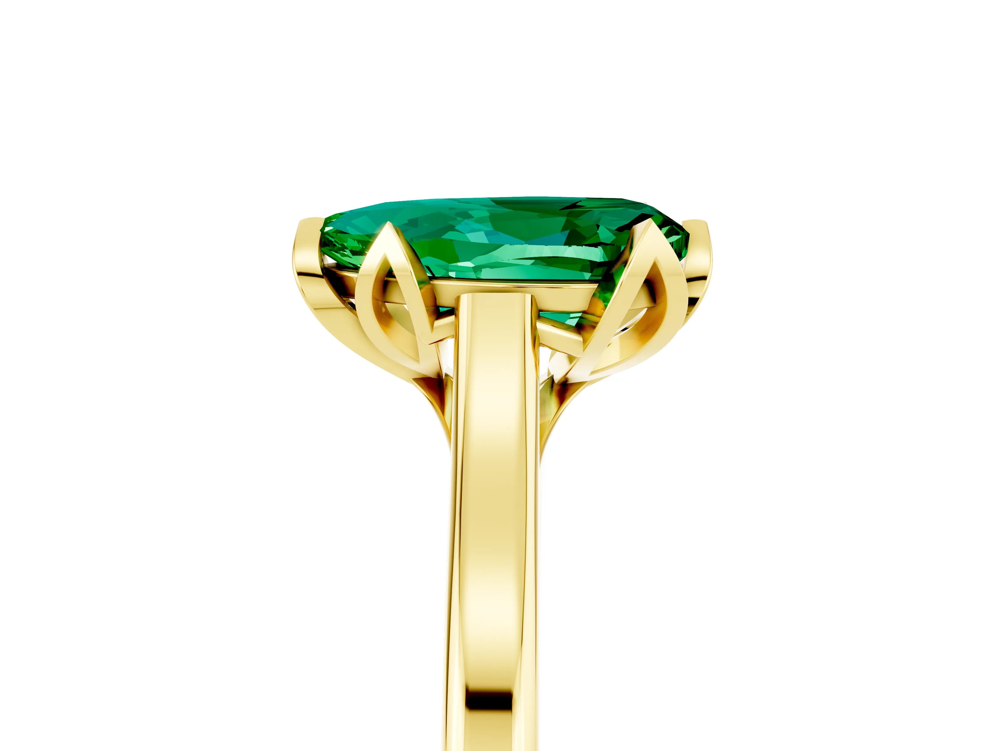 Yellow gold Pear Cut Emerald Solitaire Ring with Flower Prong Setting and Classic Band_17