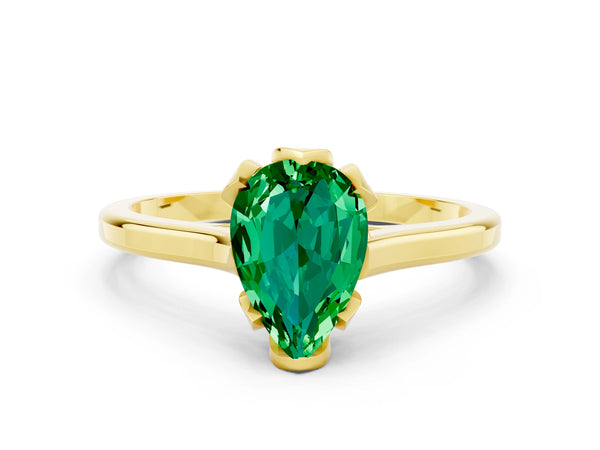 Yellow gold Pear Cut Emerald Solitaire Ring with Flower Prong Setting and Classic Band