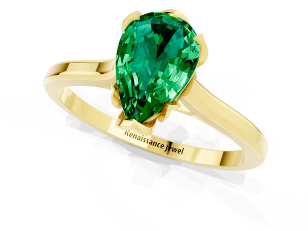 Yellow gold Pear Cut Emerald Solitaire Ring with Flower Prong Setting and Classic Band
