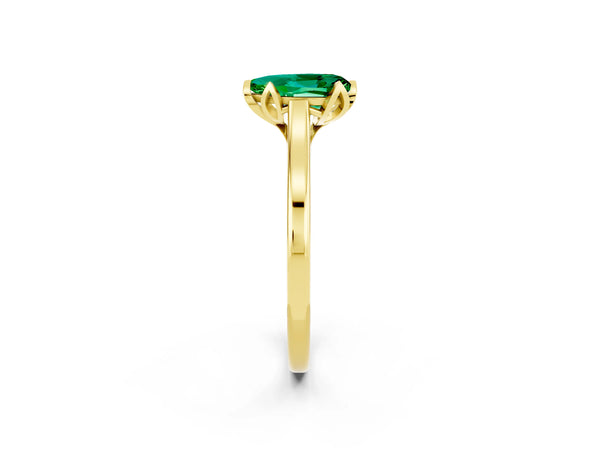Yellow gold Pear Cut Emerald Solitaire Ring with Flower Prong Setting and Classic Band