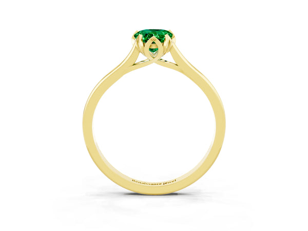 Yellow gold Pear Cut Emerald Solitaire Ring with Flower Prong Setting and Classic Band