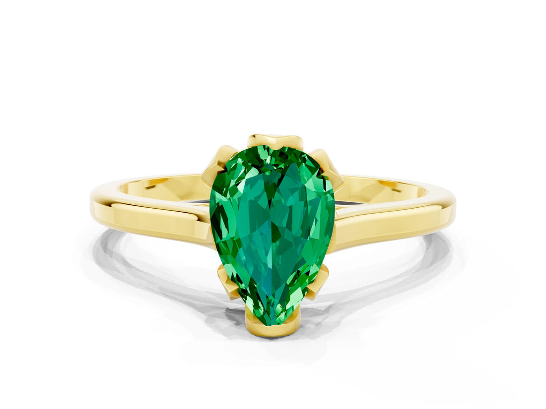 Yellow gold Pear Cut Emerald Solitaire Ring with Flower Prong Setting and Classic Band_37