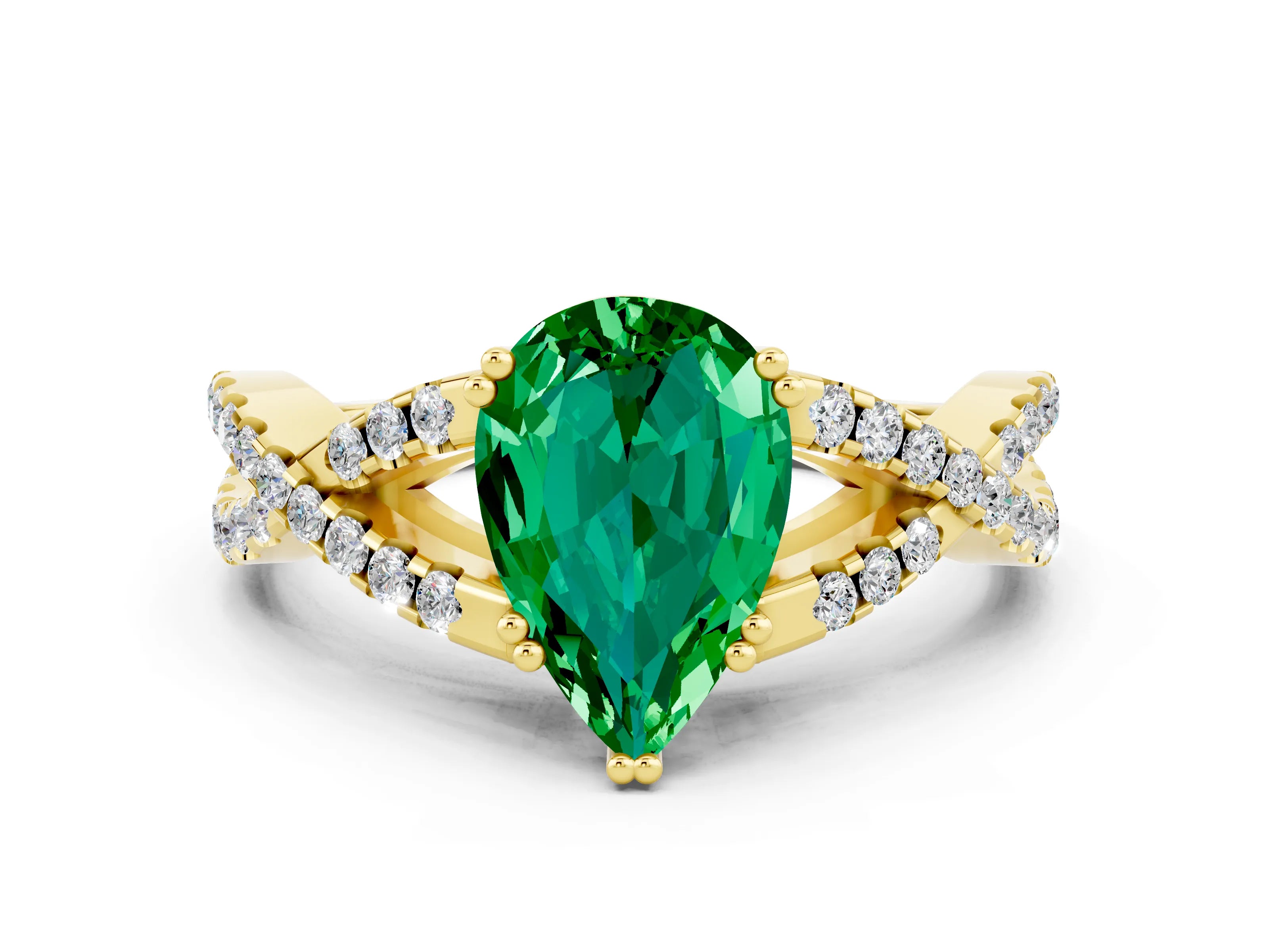 Yellow gold Pear Cut Emerald Solitaire Ring with Four-Prong Setting and Twisted Pavé Band