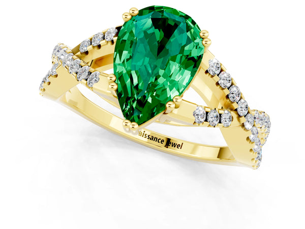 Yellow gold Pear Cut Emerald Solitaire Ring with Four-Prong Setting and Twisted Pavé Band