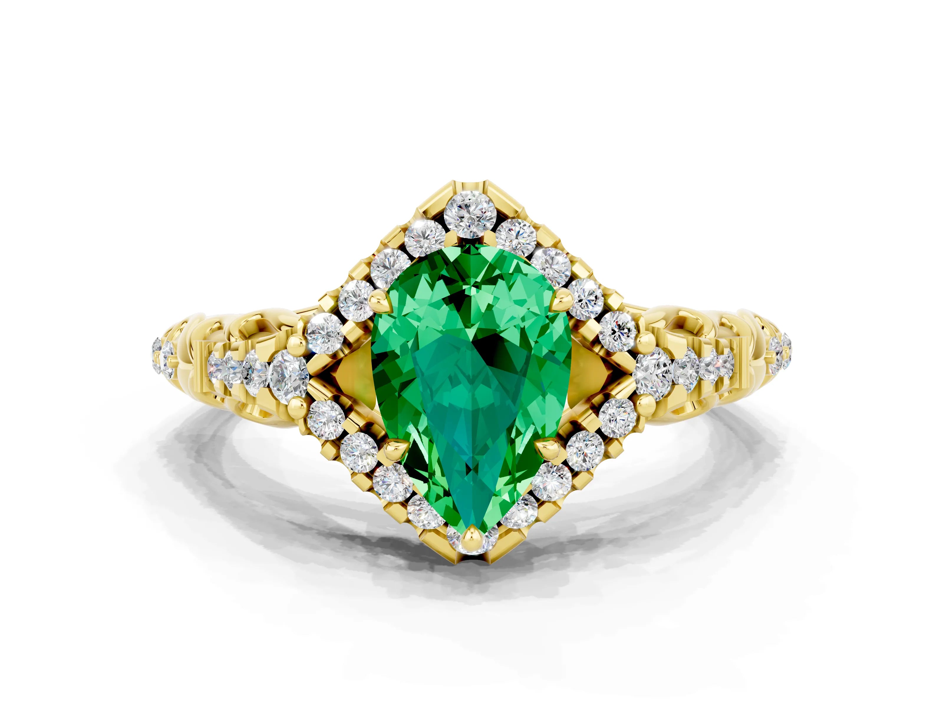 Yellow gold Pear Cut Emerald Solitaire Ring with Hidden Halo and Pavé Band_36