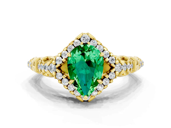 Yellow gold Pear Cut Emerald Solitaire Ring with Hidden Halo and Pavé Band