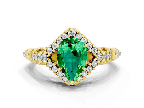 Yellow gold Pear Cut Emerald Solitaire Ring with Hidden Halo and Pavé Band_36