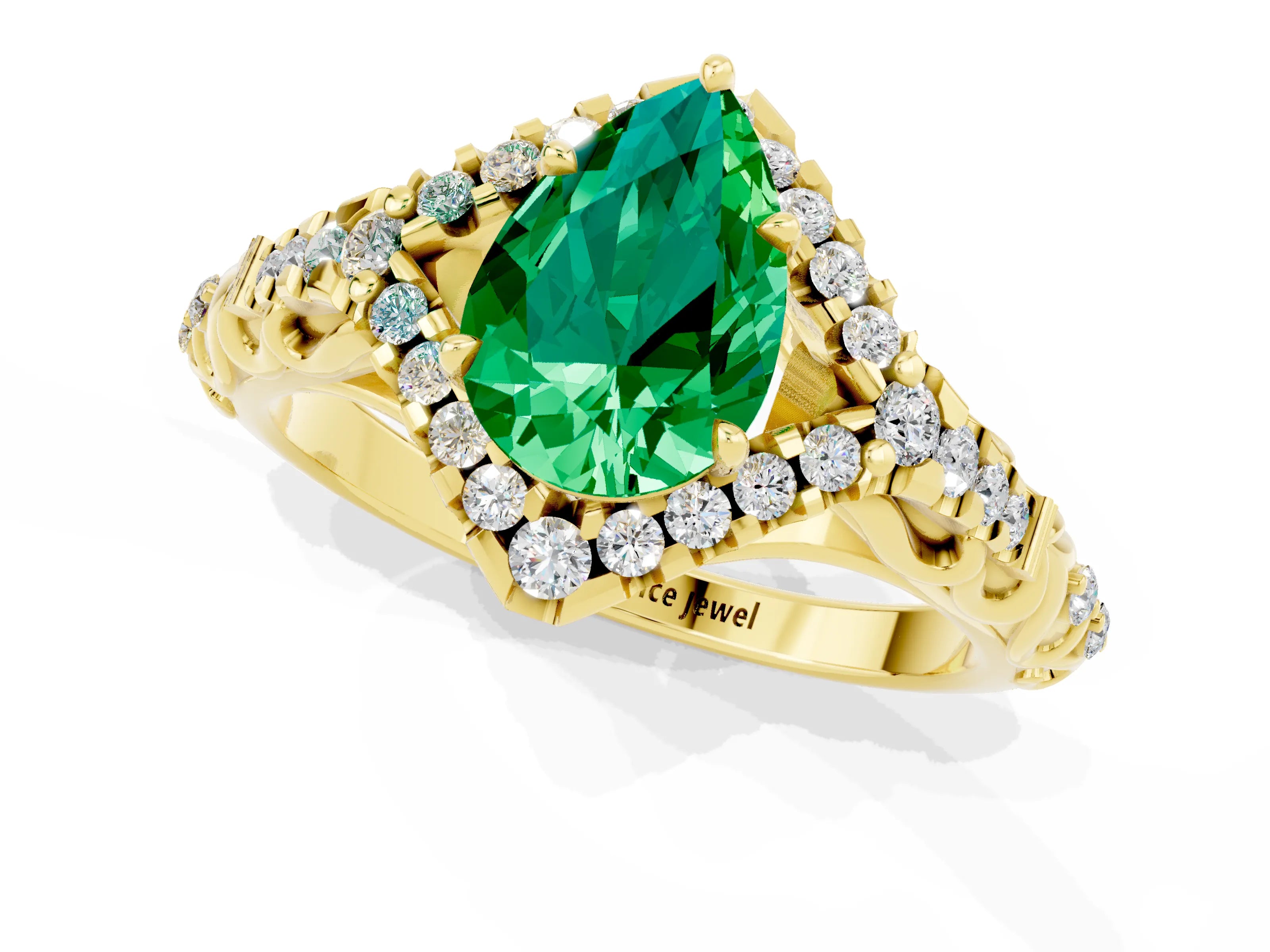 Yellow gold Pear Cut Emerald Solitaire Ring with Hidden Halo and Pavé Band_37