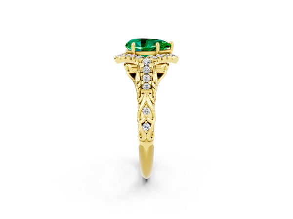 Yellow gold Pear Cut Emerald Solitaire Ring with Hidden Halo and Pavé Band
