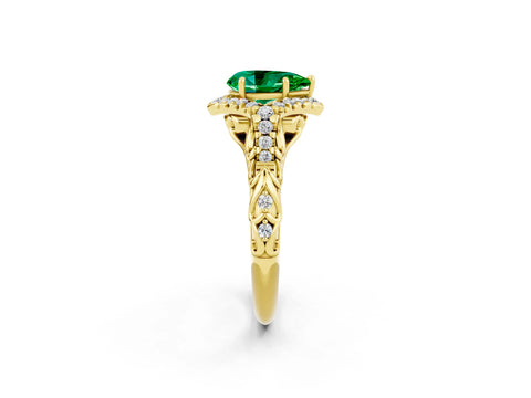 Yellow gold Pear Cut Emerald Solitaire Ring with Hidden Halo and Pavé Band_38