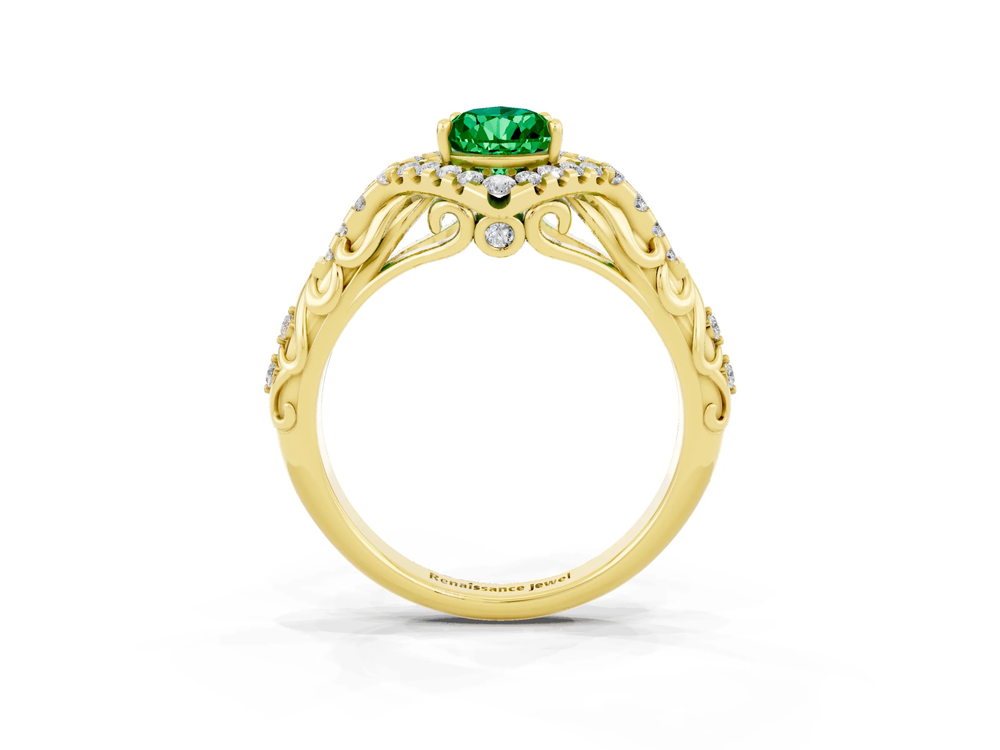 Yellow gold Pear Cut Emerald Solitaire Ring with Hidden Halo and Pavé Band_39