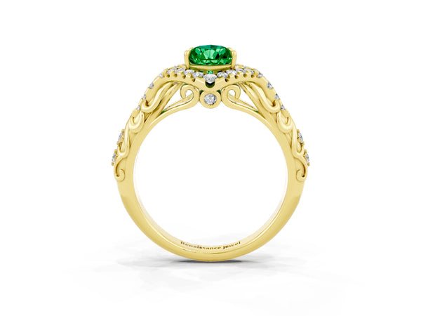Yellow gold Pear Cut Emerald Solitaire Ring with Hidden Halo and Pavé Band
