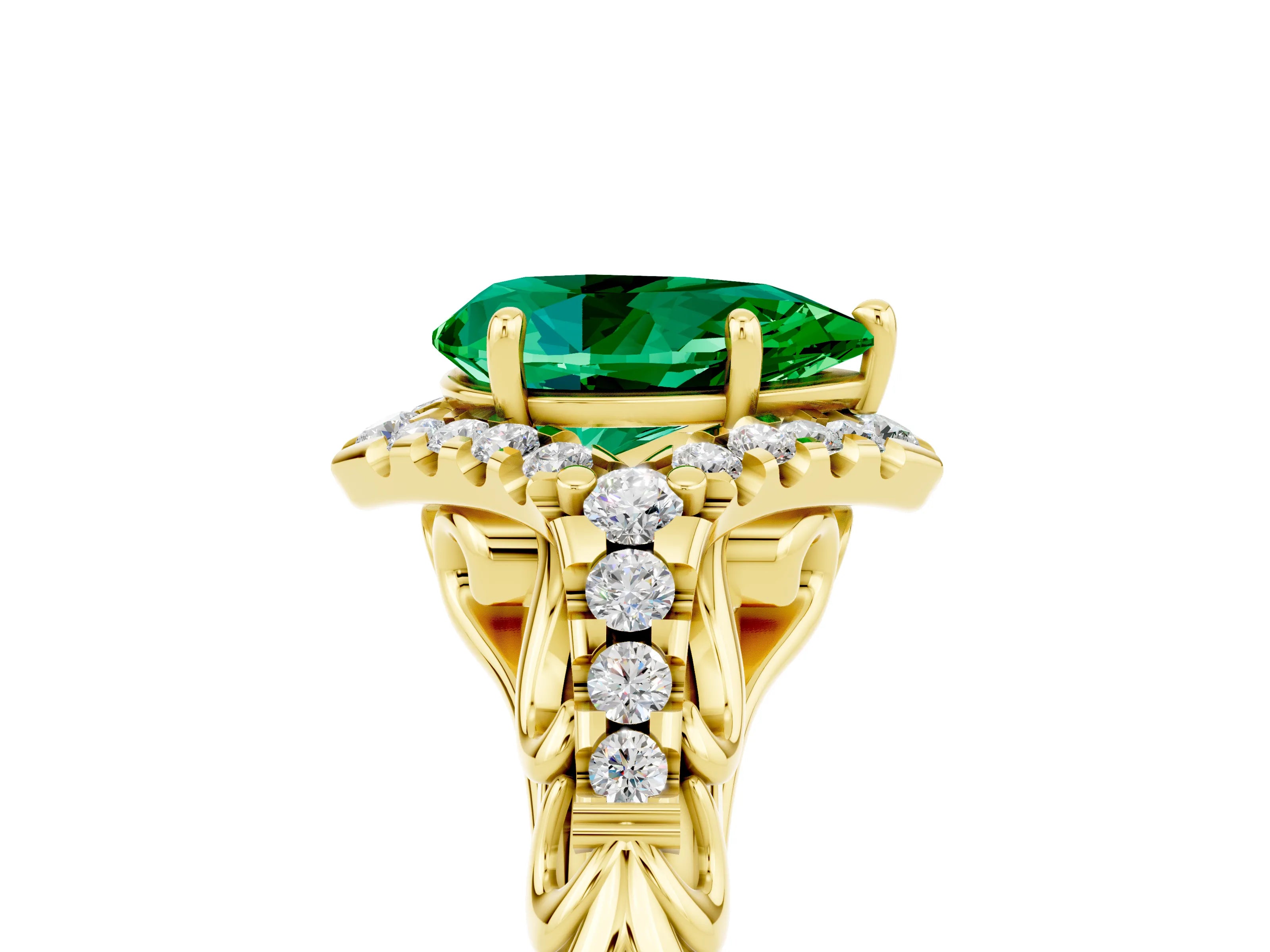 Yellow gold Pear Cut Emerald Solitaire Ring with Hidden Halo and Pavé Band_41