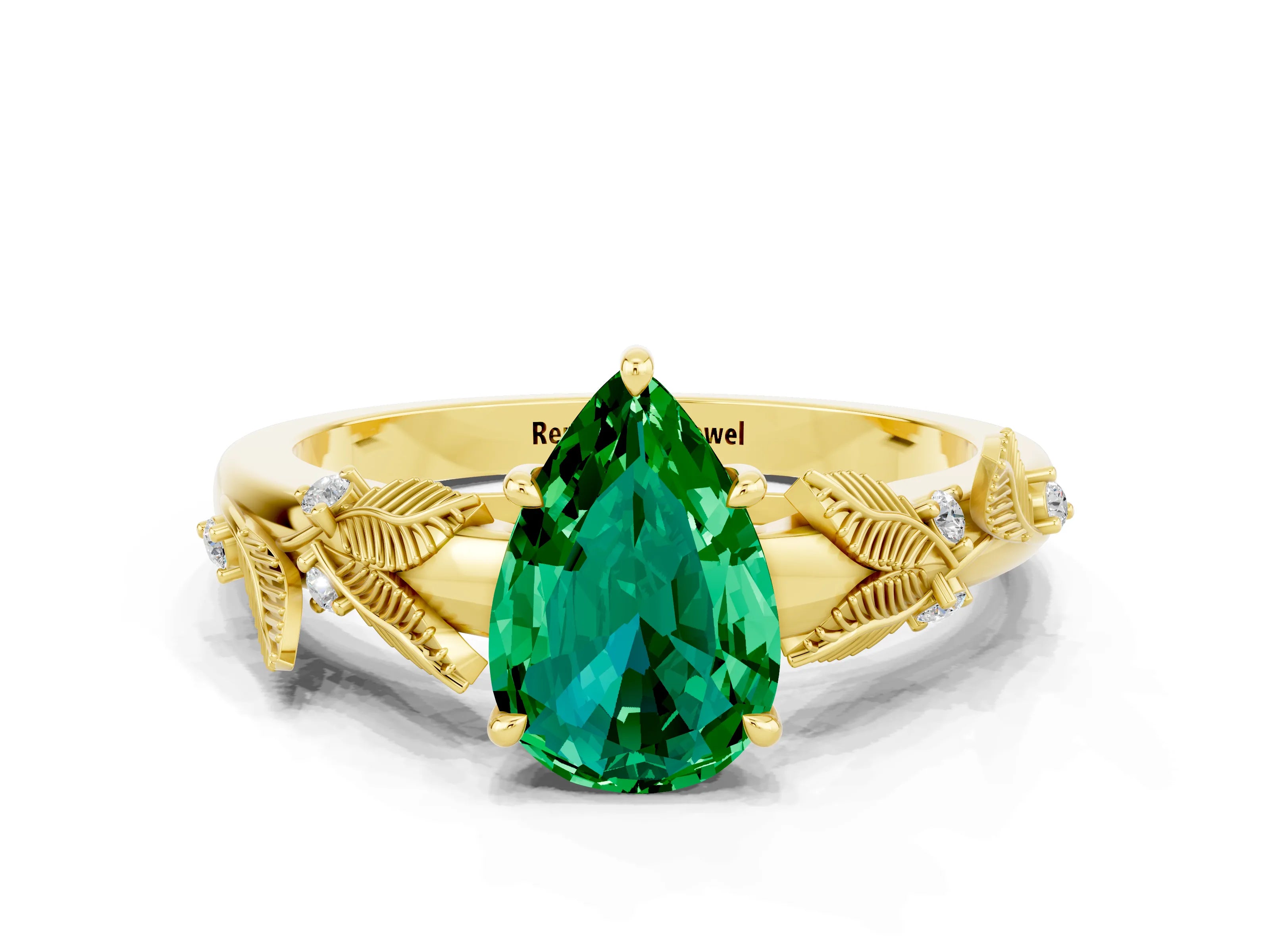 Yellow gold Pear Cut Emerald Solitaire Ring with Leaf Motif Band and Four-Prong Setting