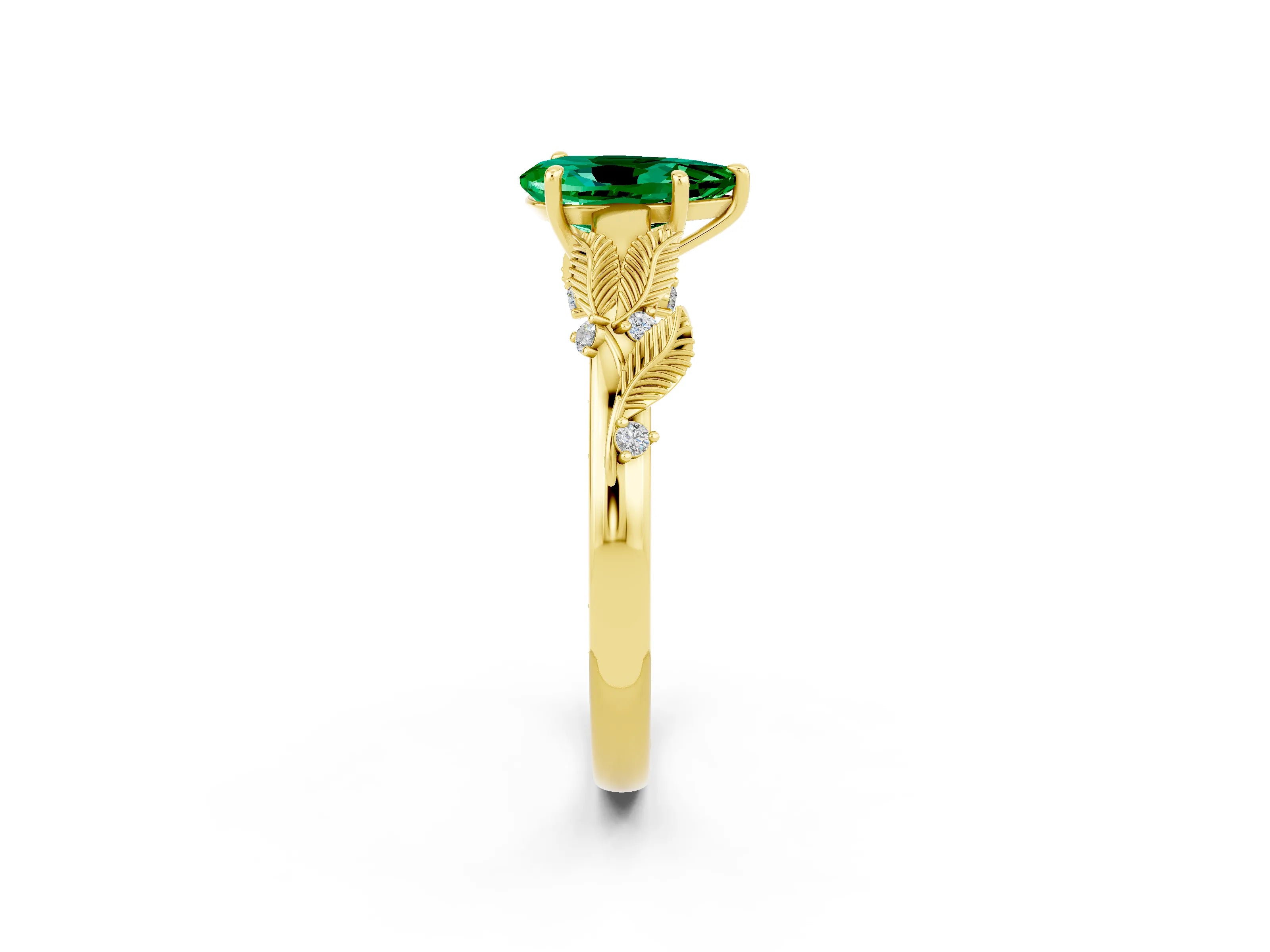 Yellow gold Pear Cut Emerald Solitaire Ring with Leaf Motif Band and Four-Prong Setting_2