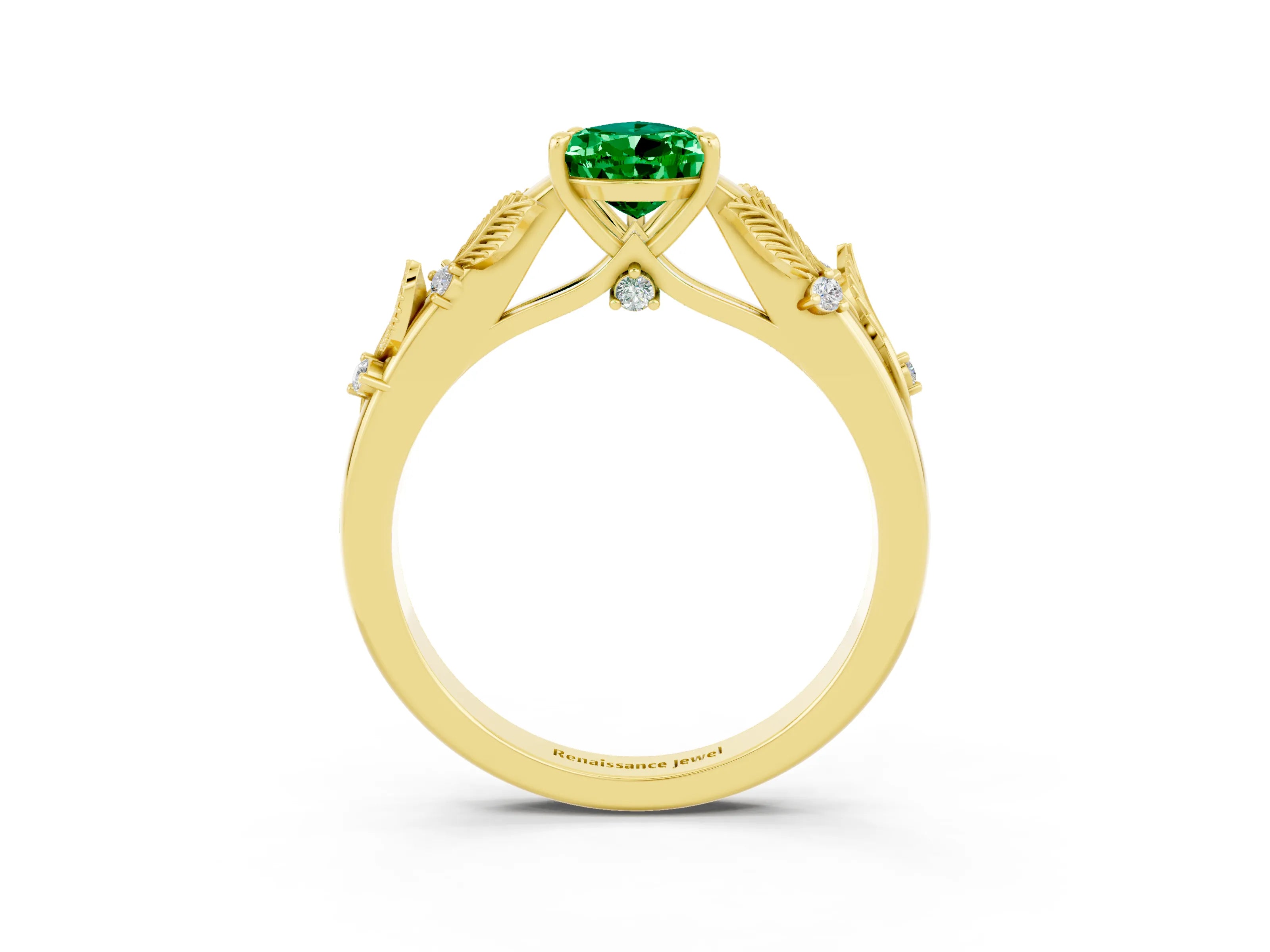 Yellow gold Pear Cut Emerald Solitaire Ring with Leaf Motif Band and Four-Prong Setting_3