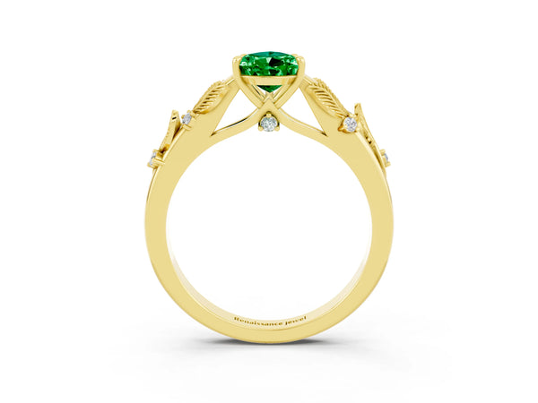 Yellow gold Pear Cut Emerald Solitaire Ring with Leaf Motif Band and Four-Prong Setting