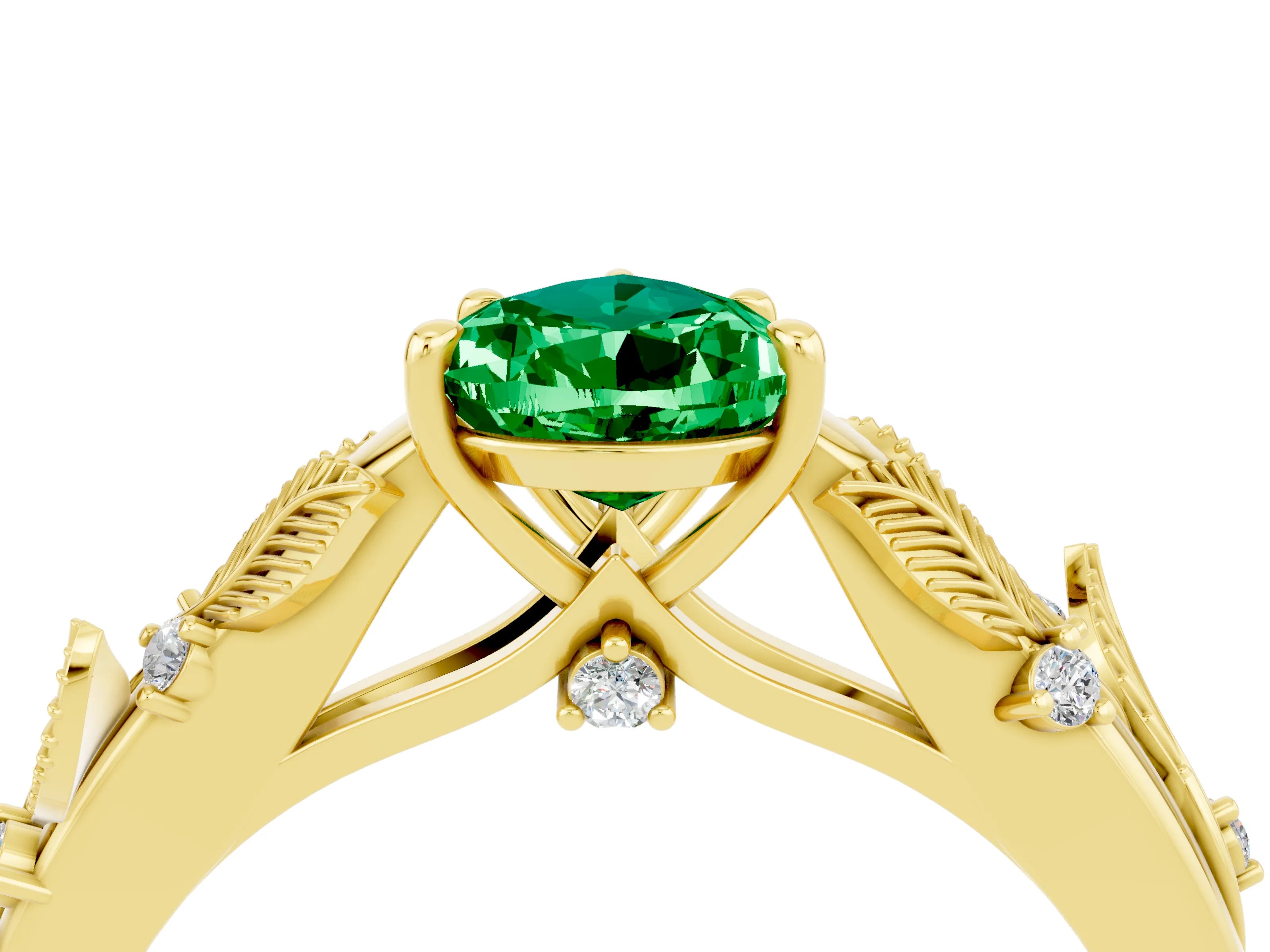 Yellow gold Pear Cut Emerald Solitaire Ring with Leaf Motif Band and Four-Prong Setting_4