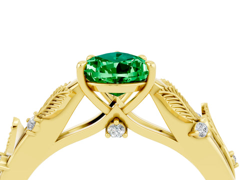 Yellow gold Pear Cut Emerald Solitaire Ring with Leaf Motif Band and Four-Prong Setting_4