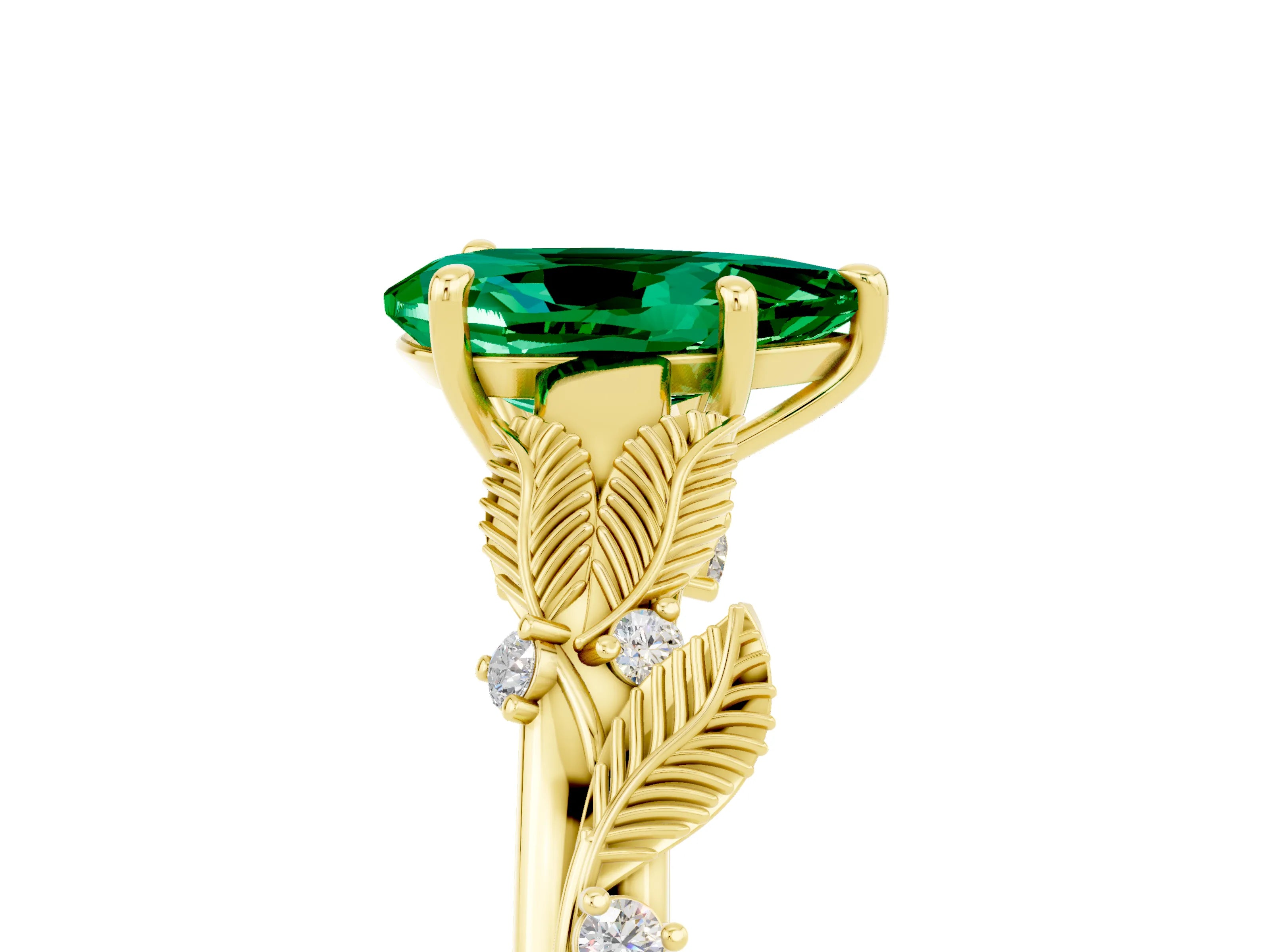 Yellow gold Pear Cut Emerald Solitaire Ring with Leaf Motif Band and Four-Prong Setting_5