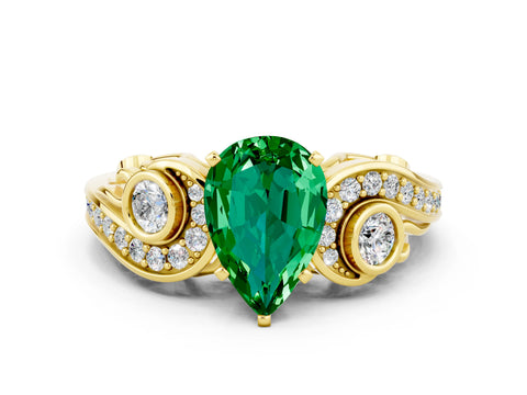 Yellow gold Pear Cut Emerald Solitaire Ring with Milgrain Pavé Band and Four-Prong Setting_24
