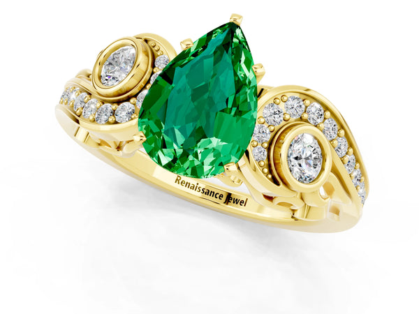 Yellow gold Pear Cut Emerald Solitaire Ring with Milgrain Pavé Band and Four-Prong Setting
