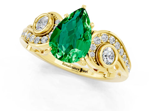 Yellow gold Pear Cut Emerald Solitaire Ring with Milgrain Pavé Band and Four-Prong Setting_25