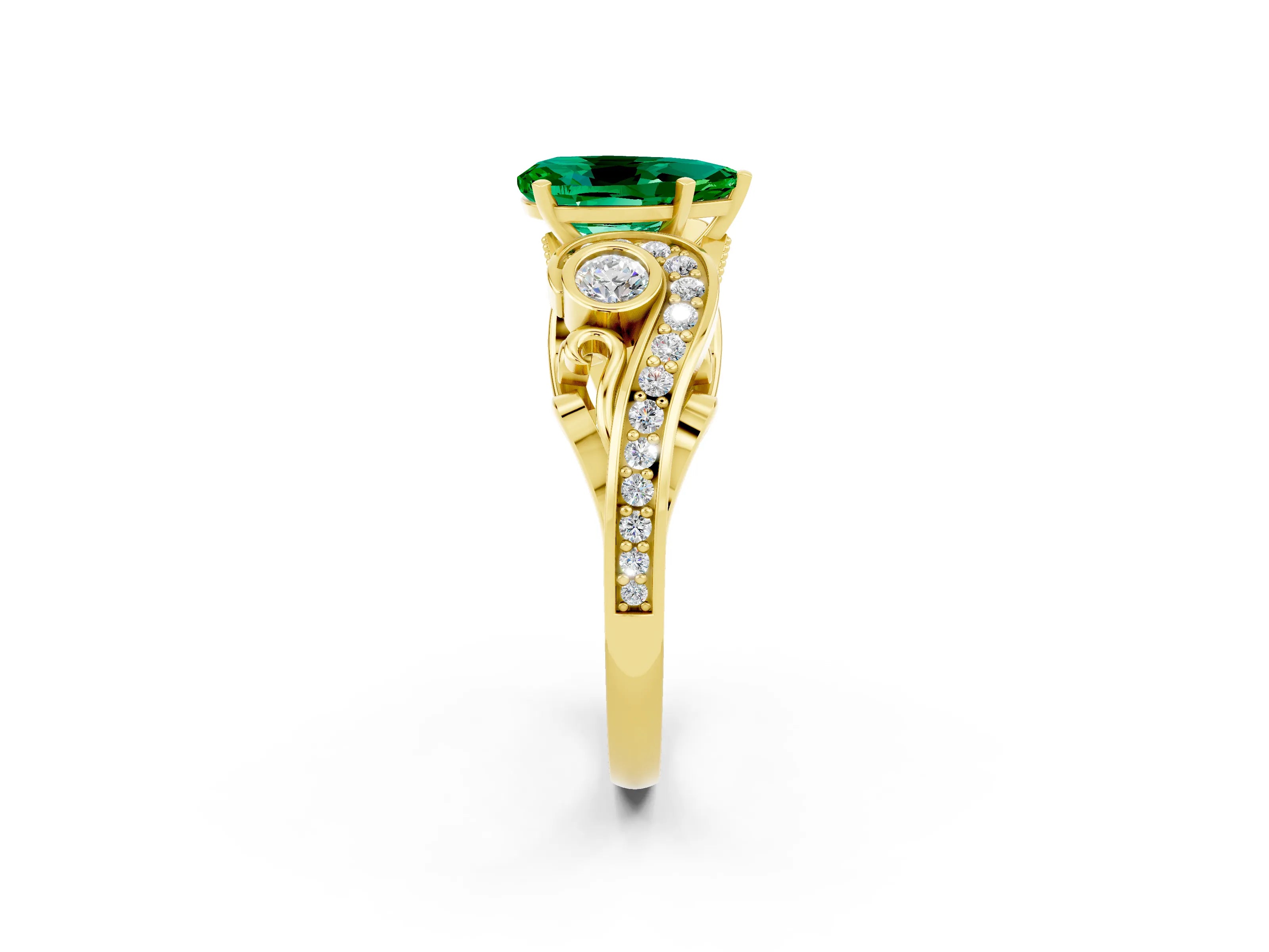 Yellow gold Pear Cut Emerald Solitaire Ring with Milgrain Pavé Band and Four-Prong Setting_26