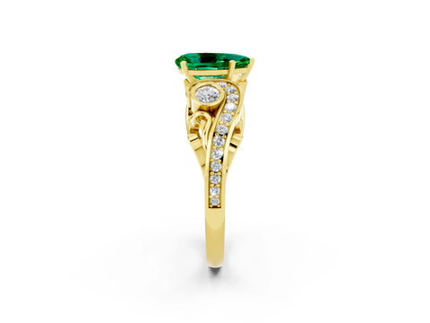 Yellow gold Pear Cut Emerald Solitaire Ring with Milgrain Pavé Band and Four-Prong Setting_26