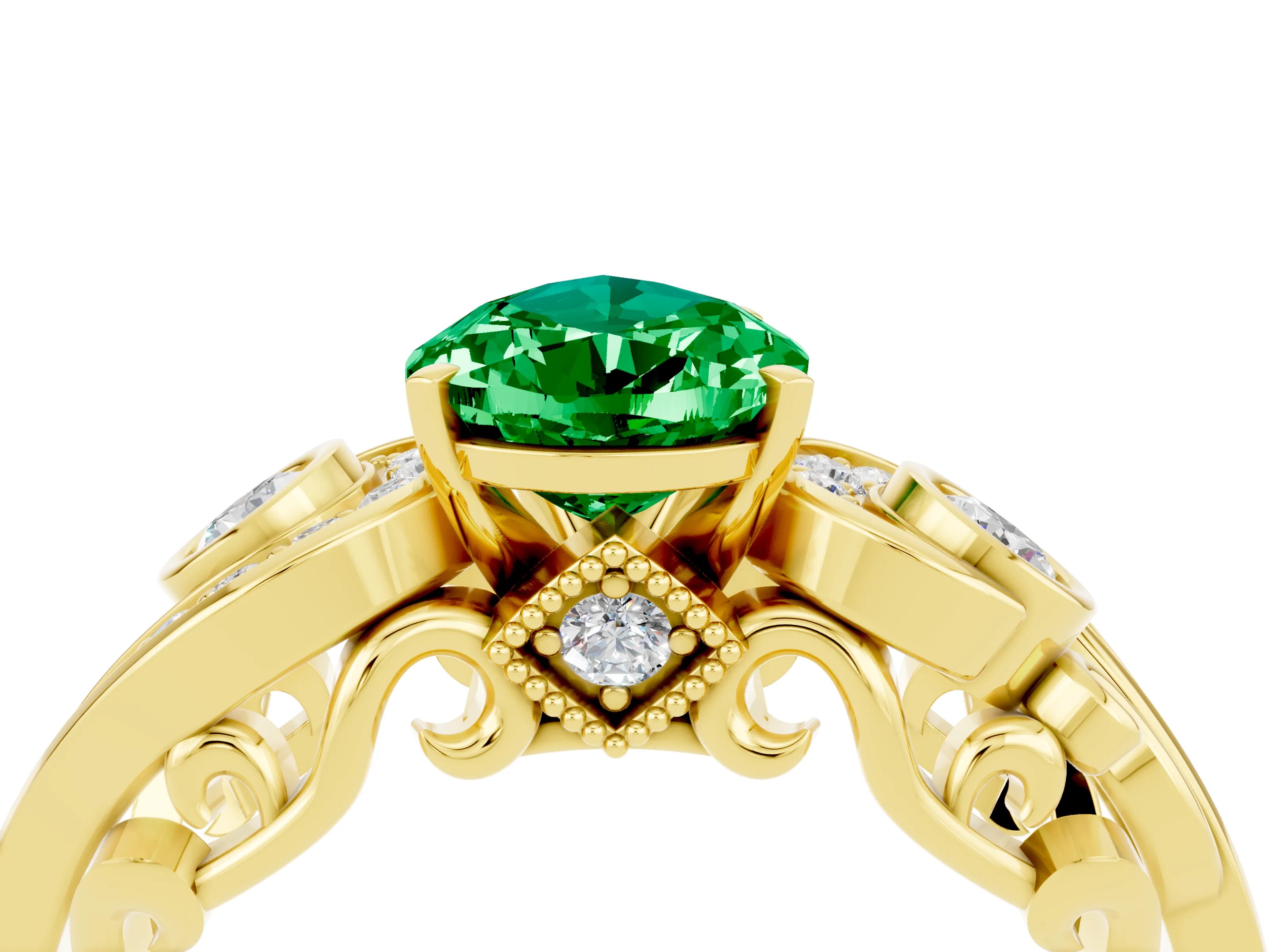 Yellow gold Pear Cut Emerald Solitaire Ring with Milgrain Pavé Band and Four-Prong Setting_28