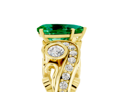 Yellow gold Pear Cut Emerald Solitaire Ring with Milgrain Pavé Band and Four-Prong Setting_29