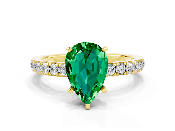 Yellow gold Pear Cut Emerald Solitaire Ring with Pavé Accents and Four-Prong Setting