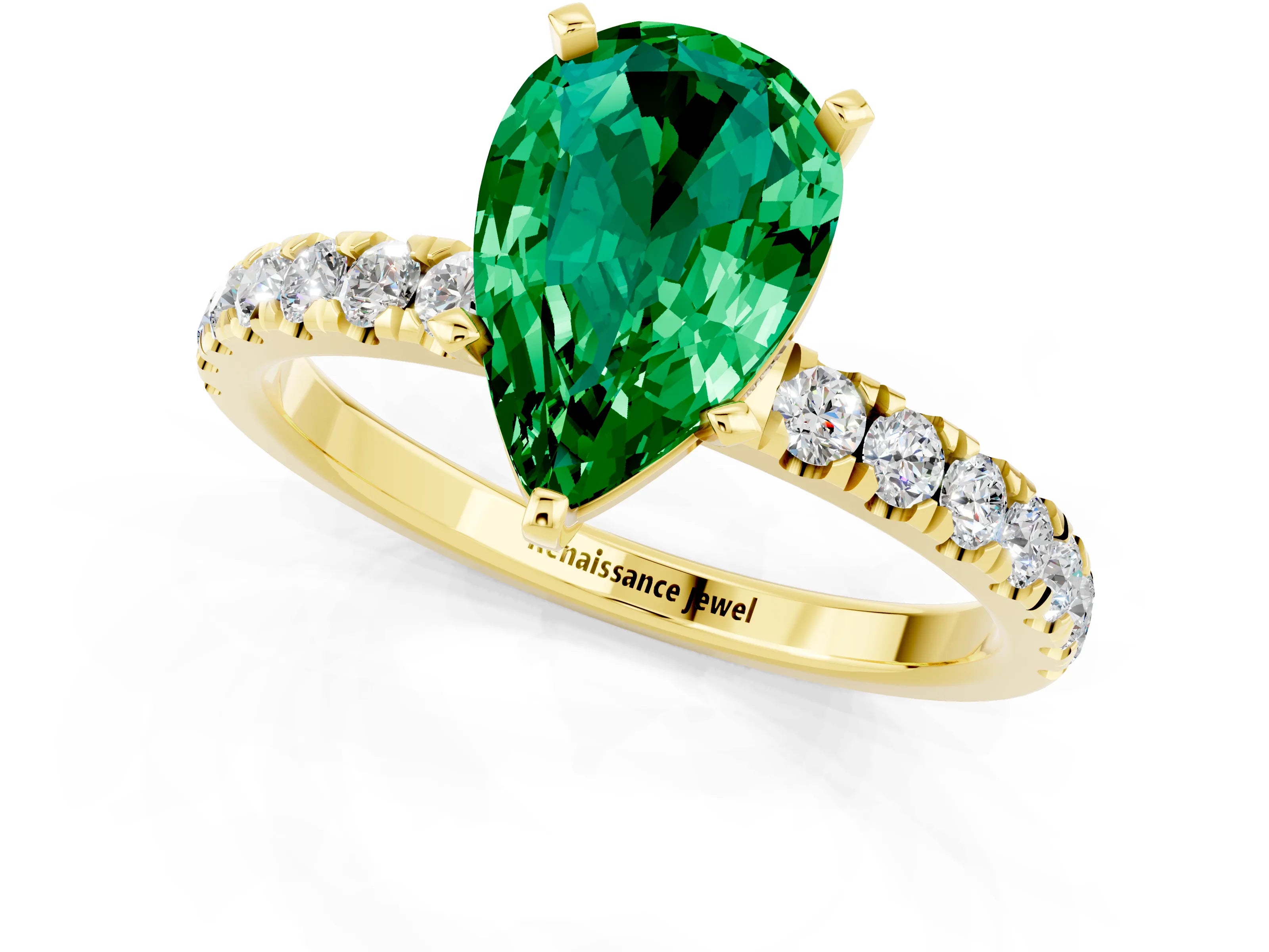 Yellow gold Pear Cut Emerald Solitaire Ring with Pavé Accents and Four-Prong Setting_1