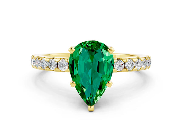 Yellow gold Pear Cut Emerald Solitaire Ring with Round  Pavé Band and Four-Prong Setting