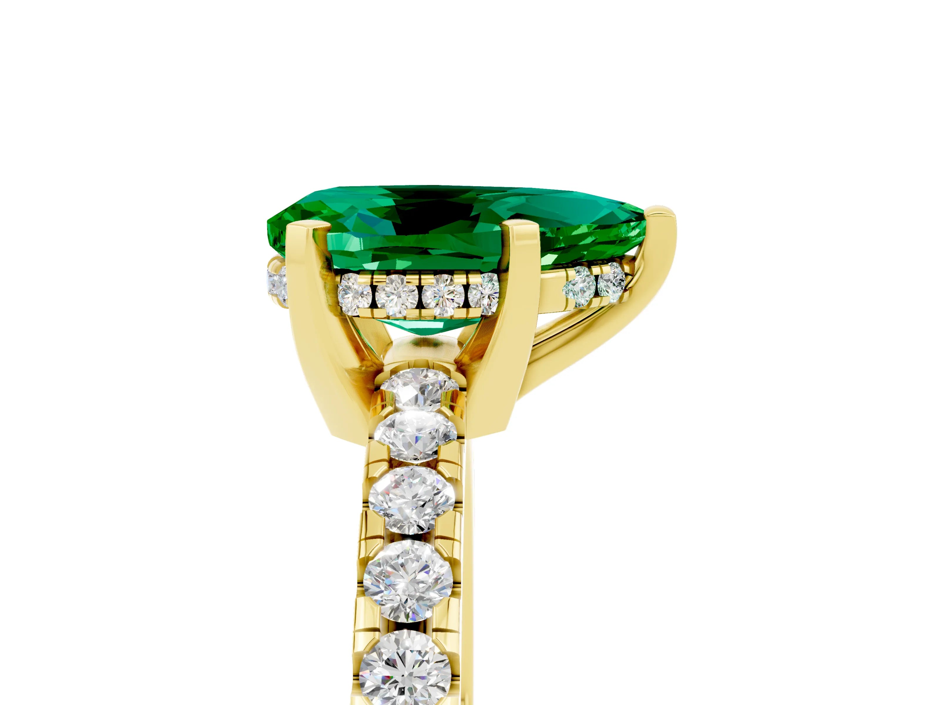 Yellow gold Pear Cut Emerald Solitaire Ring with Pavé Band and Four-Prong Setting_29
