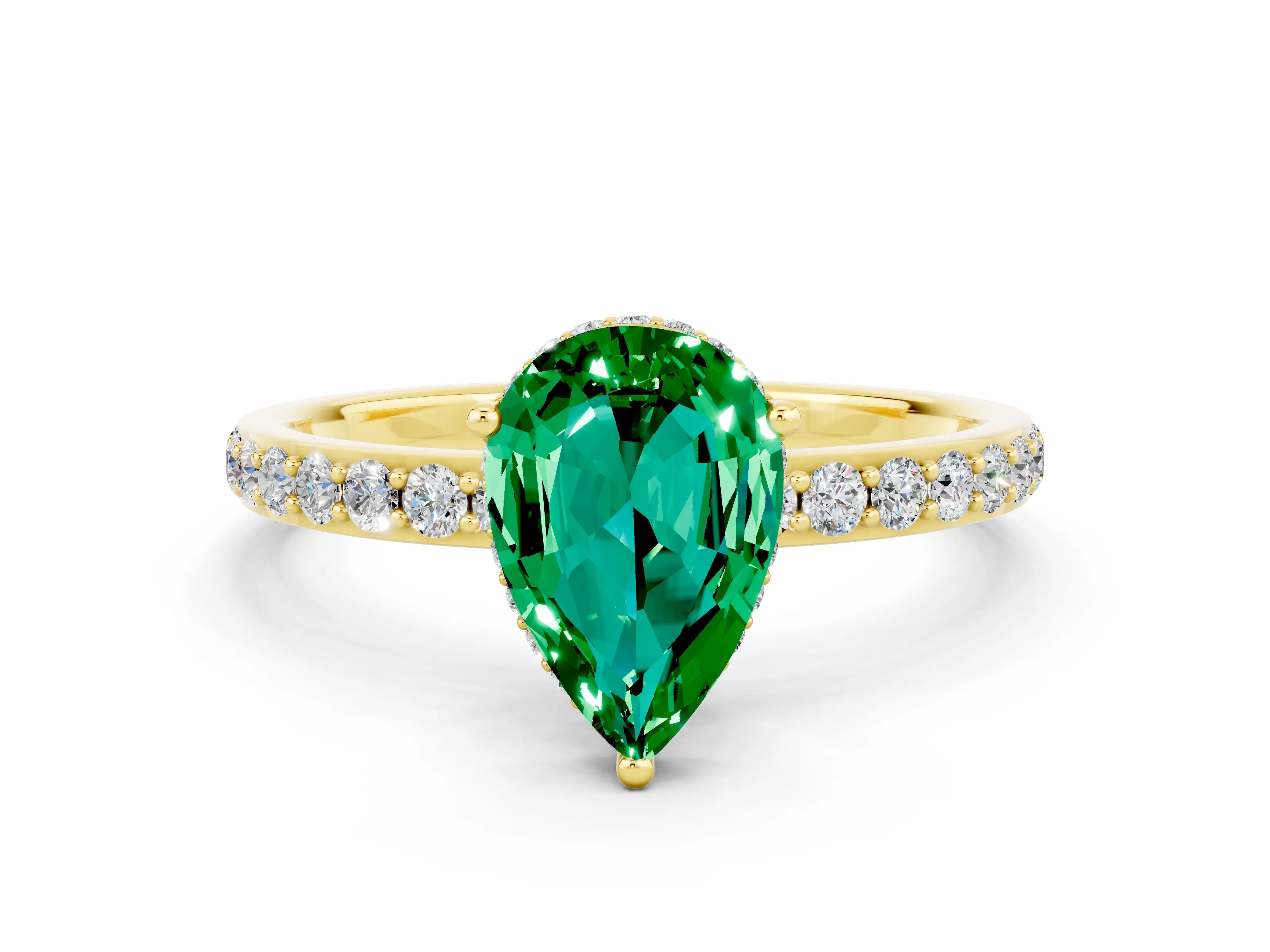 Yellow gold Pear Cut Emerald Solitaire Ring with Pavé Band and Hidden Halo_12