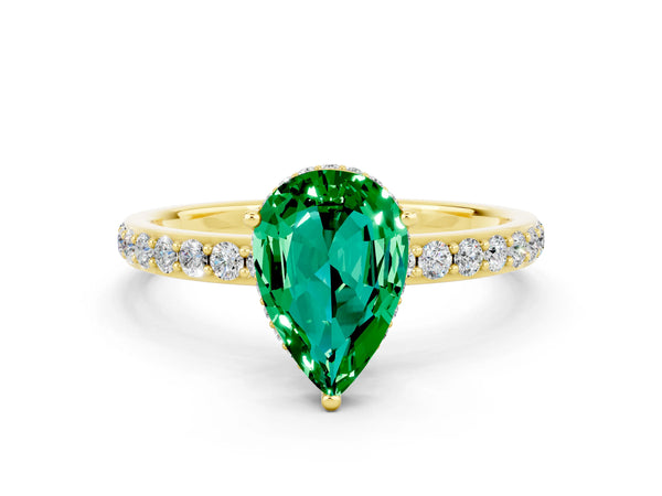 Yellow gold Pear Cut Emerald Solitaire Ring with Pavé Band and Hidden Halo