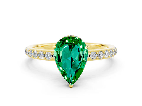 Yellow gold Pear Cut Emerald Solitaire Ring with Pavé Band and Hidden Halo_12
