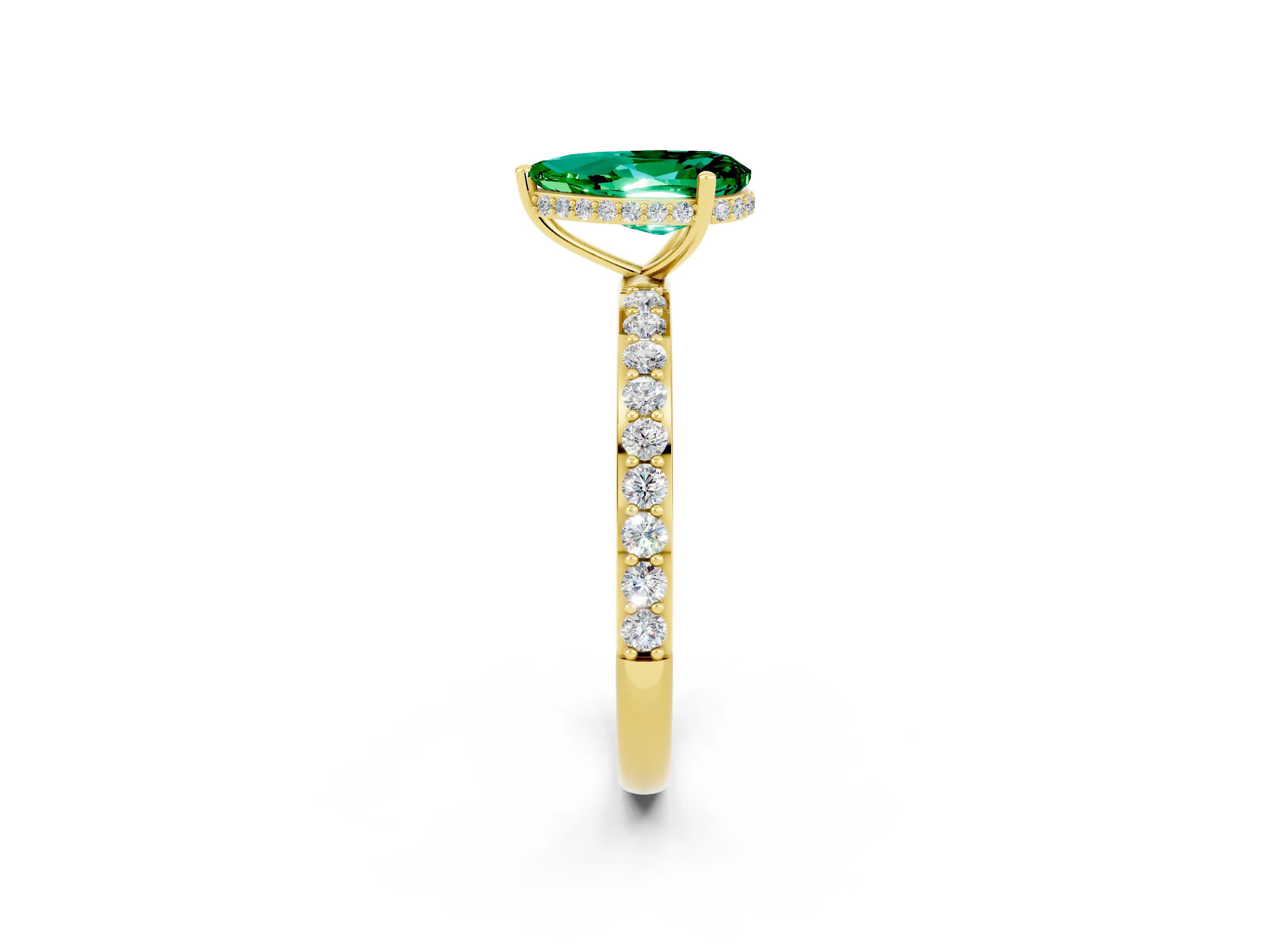Yellow gold Pear Cut Emerald Solitaire Ring with Pavé Band and Hidden Halo_14