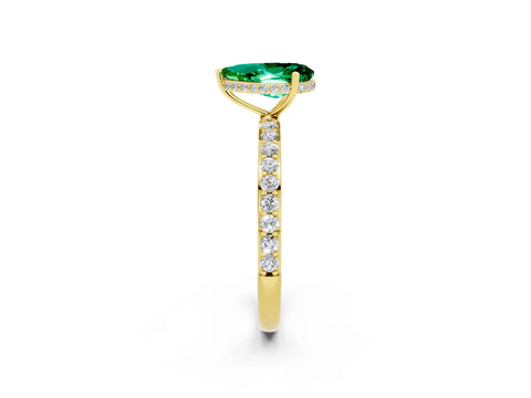 Yellow gold Pear Cut Emerald Solitaire Ring with Pavé Band and Hidden Halo_14