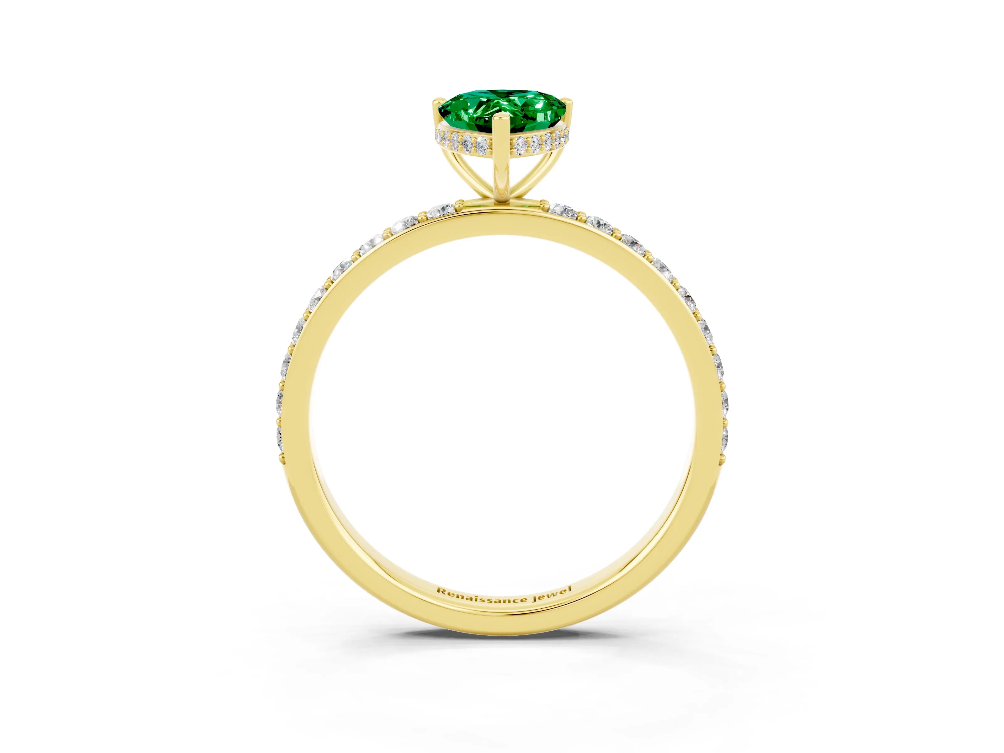 Yellow gold Pear Cut Emerald Solitaire Ring with Pavé Band and Hidden Halo_15