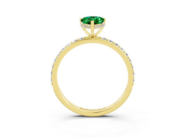 Yellow gold Pear Cut Emerald Solitaire Ring with Pavé Band and Hidden Halo