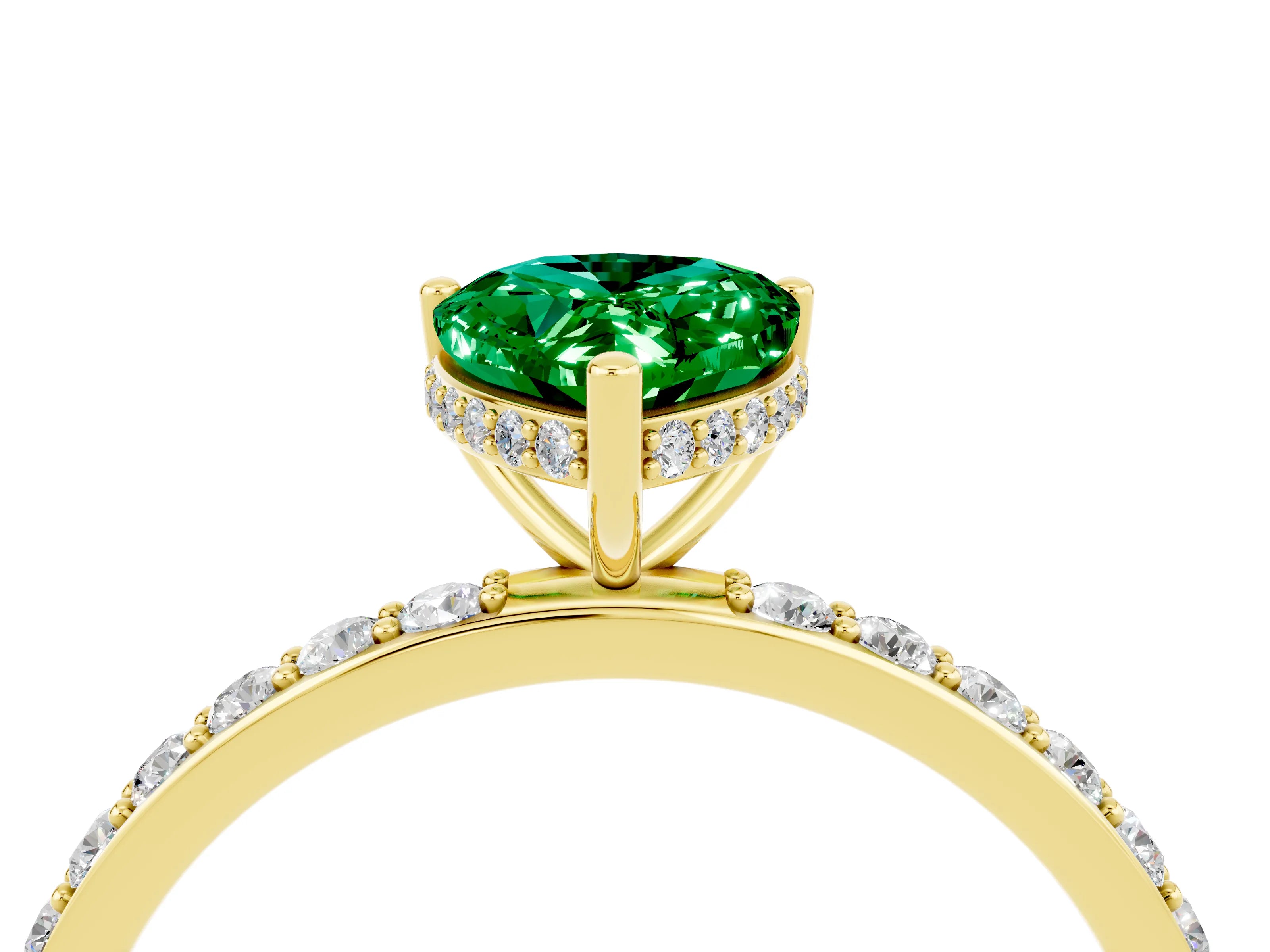 Yellow gold Pear Cut Emerald Solitaire Ring with Pavé Band and Hidden Halo_16