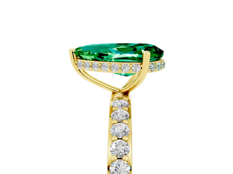 Yellow gold Pear Cut Emerald Solitaire Ring with Pavé Band and Hidden Halo_17