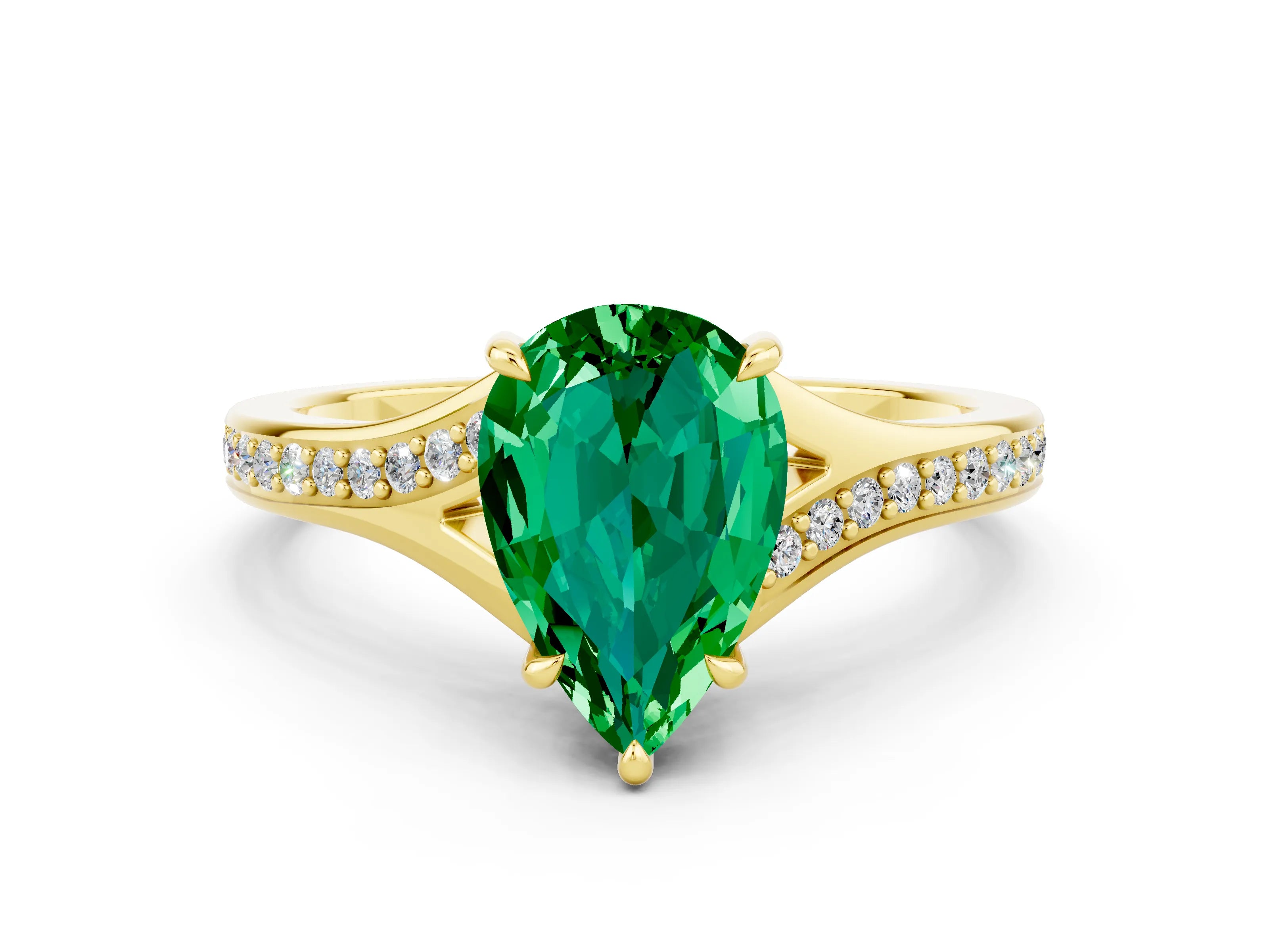Yellow gold Pear Cut Emerald Solitaire Ring with Pavé Band and Prong Setting_12