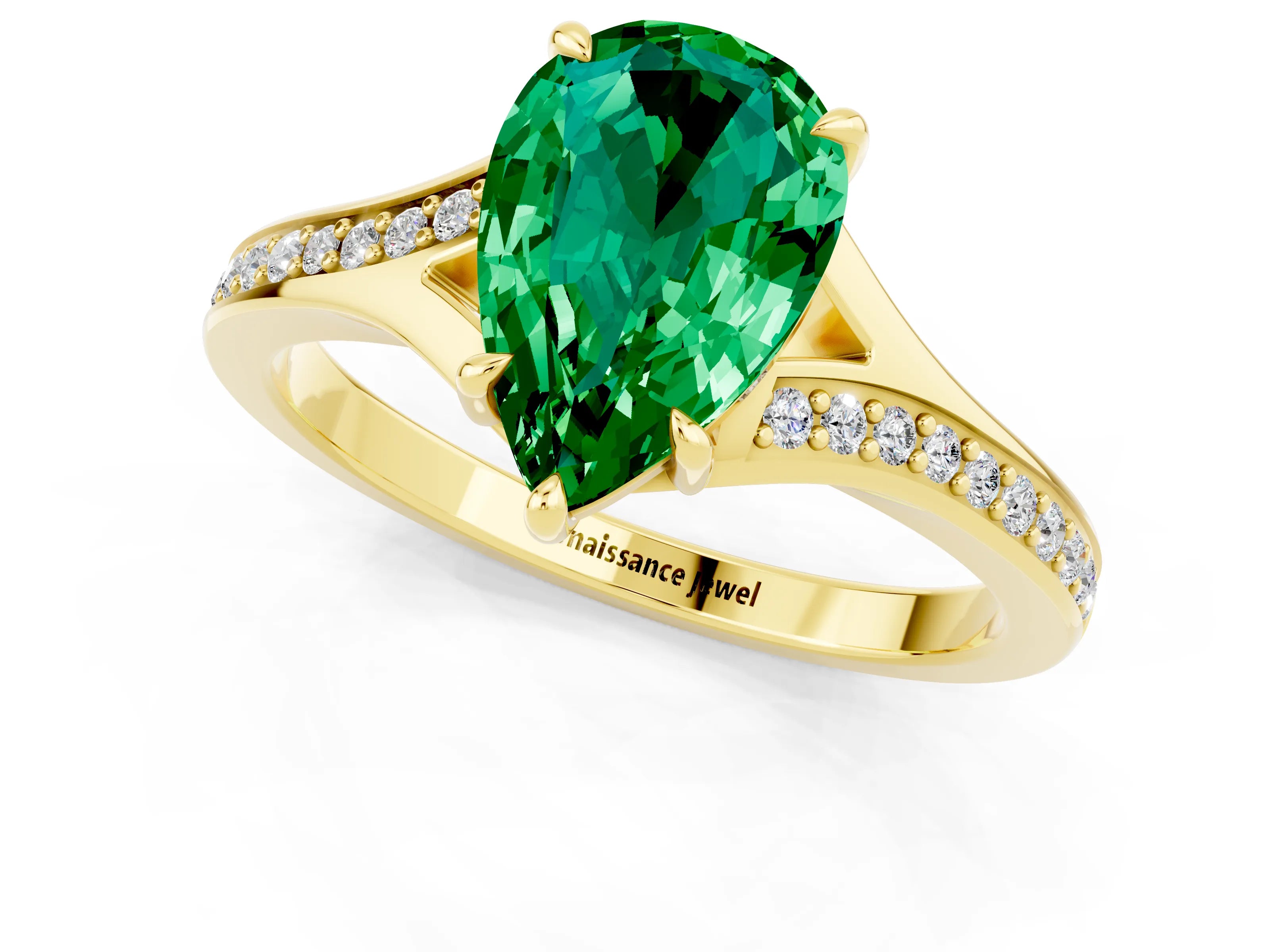 Yellow gold Pear Cut Emerald Solitaire Ring with Pavé Band and Prong Setting_13